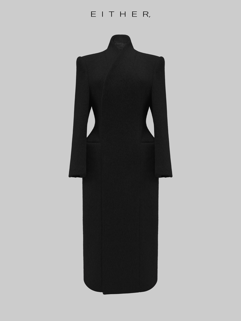 EITHER韓國代購㊣女士新品職業真品25秋冬休閑人氣中長款大衣EITHER中長款大衣圖色2黑