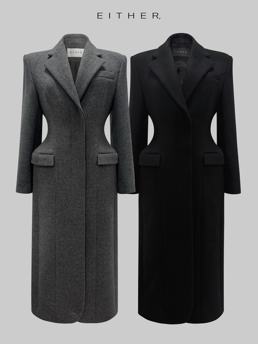 EITHER韓國直郵㊣女裝新品真品中長款大衣羊毛混紡雙層長款EITHER中長款大衣