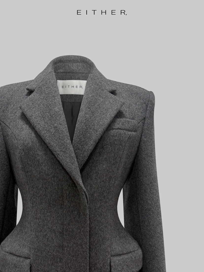 EITHER韓國直郵㊣女裝新品真品中長款大衣羊毛混紡雙層長款EITHER中長款大衣