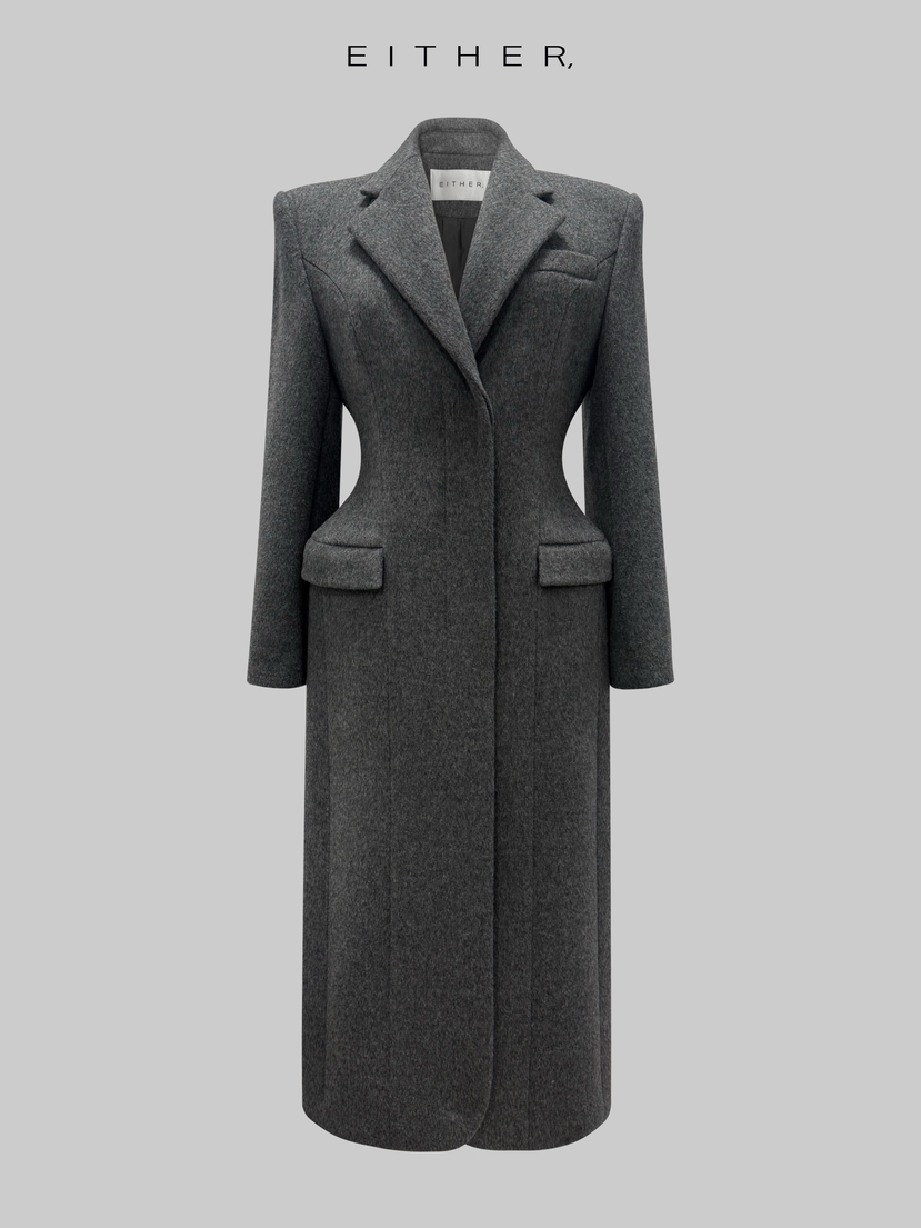 EITHER韓國直郵㊣女裝新品真品中長款大衣羊毛混紡雙層長款EITHER中長款大衣圖色1墨