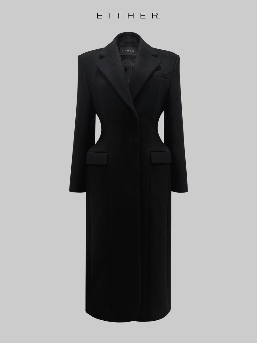 EITHER韓國直郵㊣女裝新品真品中長款大衣羊毛混紡雙層長款EITHER中長款大衣圖色2黑