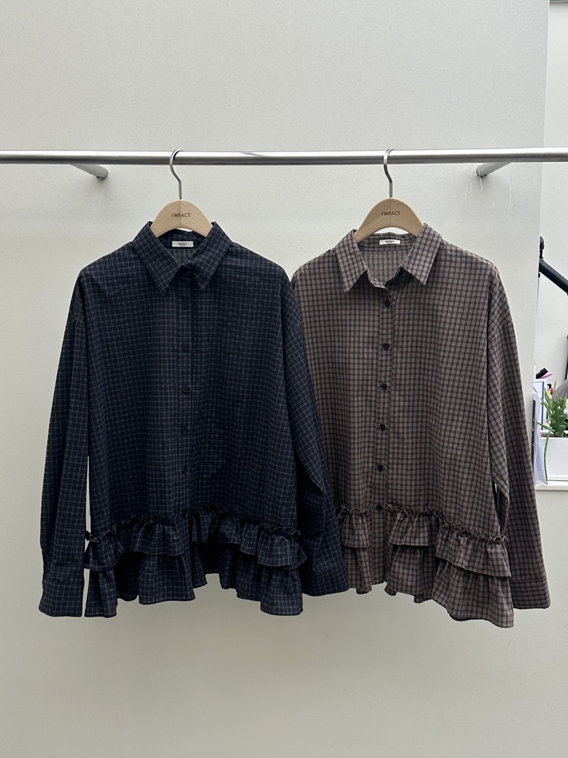 I MFACT韓國直郵㊣女裝新款熱賣襯衫蕾絲衫不含腰帶荷葉邊格紋I MFACT襯衫/蕾絲衫