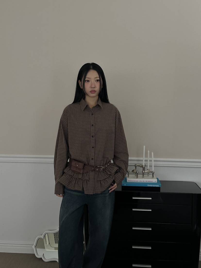 I MFACT韓國直郵㊣女裝新款熱賣襯衫蕾絲衫不含腰帶荷葉邊格紋I MFACT襯衫/蕾絲衫