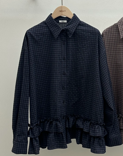 I MFACT韓國直郵㊣女裝新款熱賣襯衫蕾絲衫不含腰帶荷葉邊格紋I MFACT襯衫/蕾絲衫圖色1