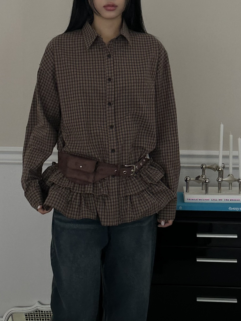 I MFACT韓國直郵㊣女裝新款熱賣襯衫蕾絲衫不含腰帶荷葉邊格紋I MFACT襯衫/蕾絲衫圖色2