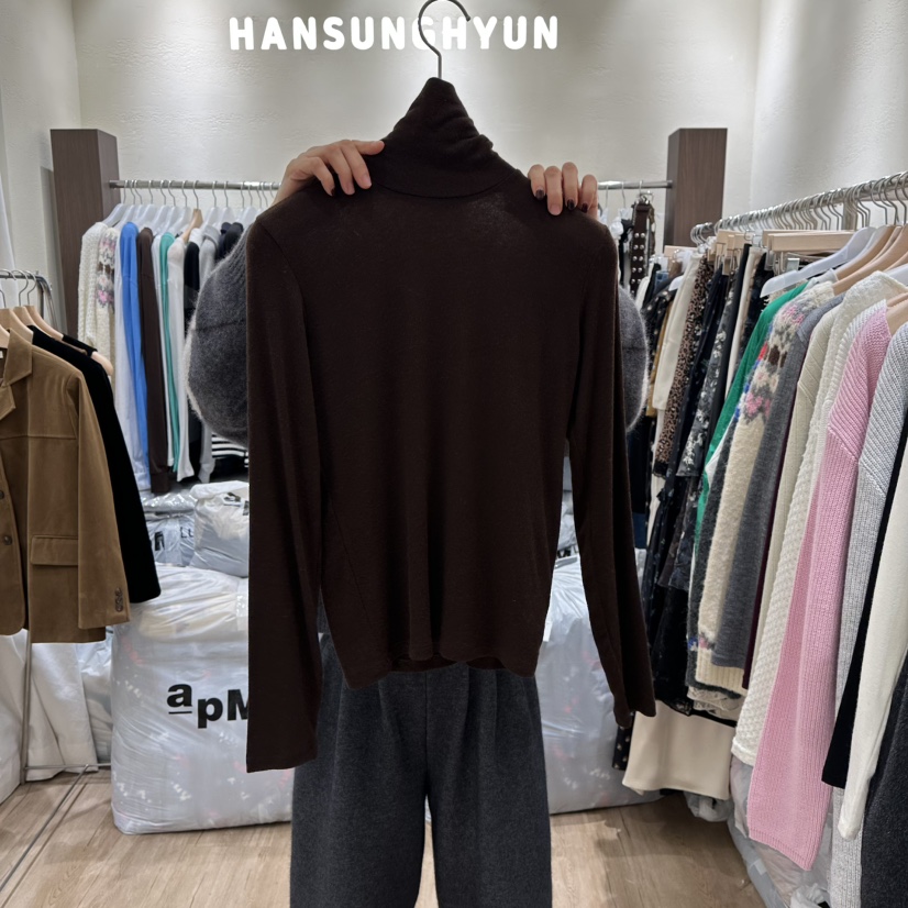HANSUNGHYUN東大門㊣代購女裝新款推薦職業休閑長袖T恤羊毛HANSUNGHYUN長袖T恤圖色2棕色