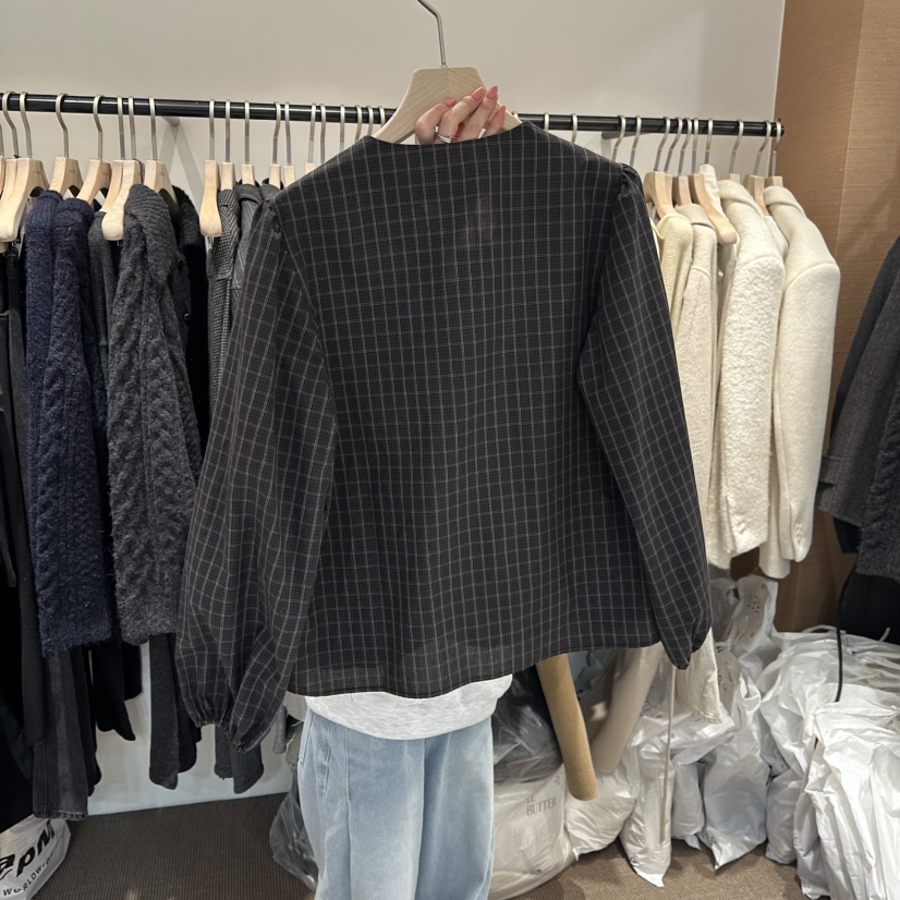 LE BUTTER韓國直郵㊣女裝新品人氣時尚襯衫蕾絲衫格紋褶皺LE BUTTER襯衫/蕾絲衫