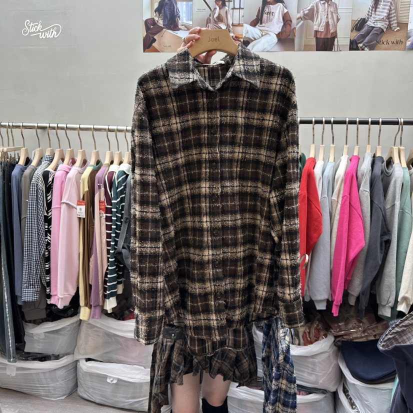 STICK WITH東大門㊣直郵女士新品熱賣人氣休閑襯衫蕾絲衫格紋STICK WITH襯衫/蕾絲衫