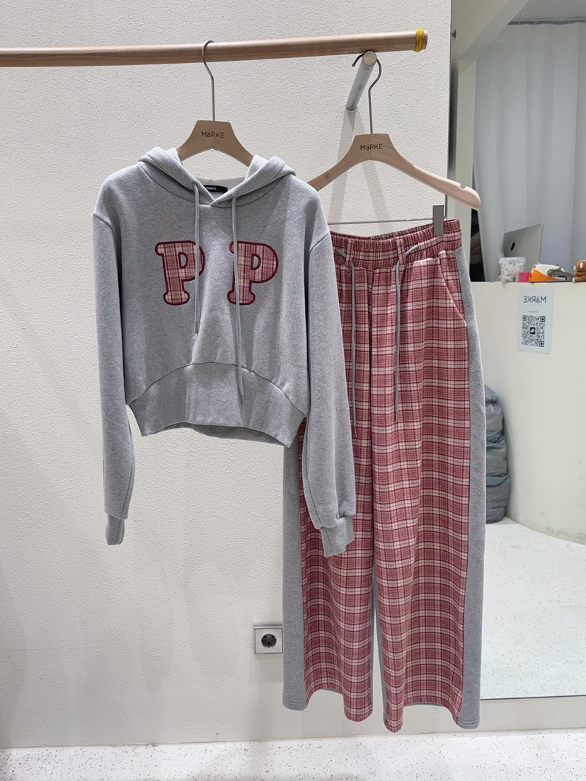 MARKE-P韓國直郵㊣女裝新品真品職業休閑25秋冬衛衣連帽衫格紋MARKE-P衛衣