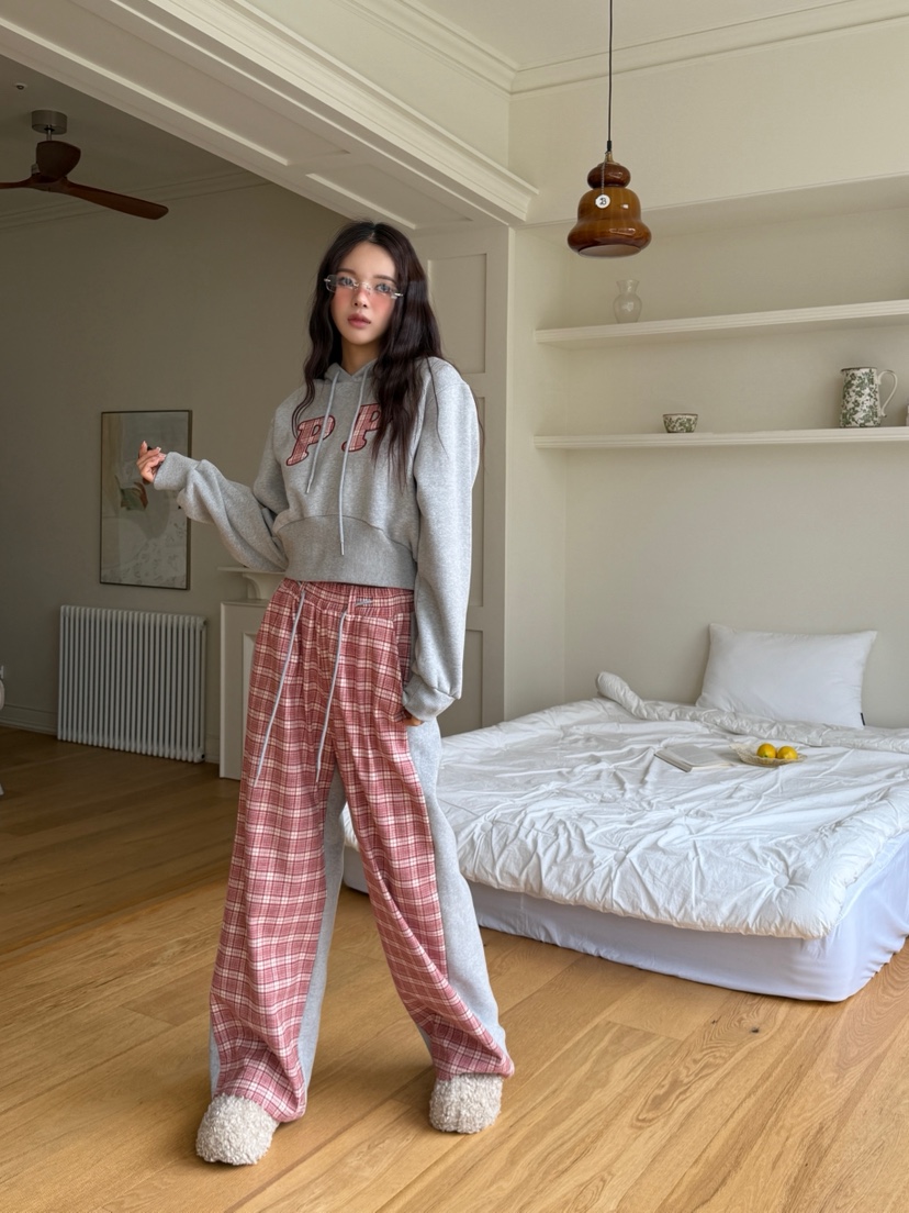 MARKE-P韓國直郵㊣女裝新品真品職業休閑25秋冬衛衣連帽衫格紋MARKE-P衛衣