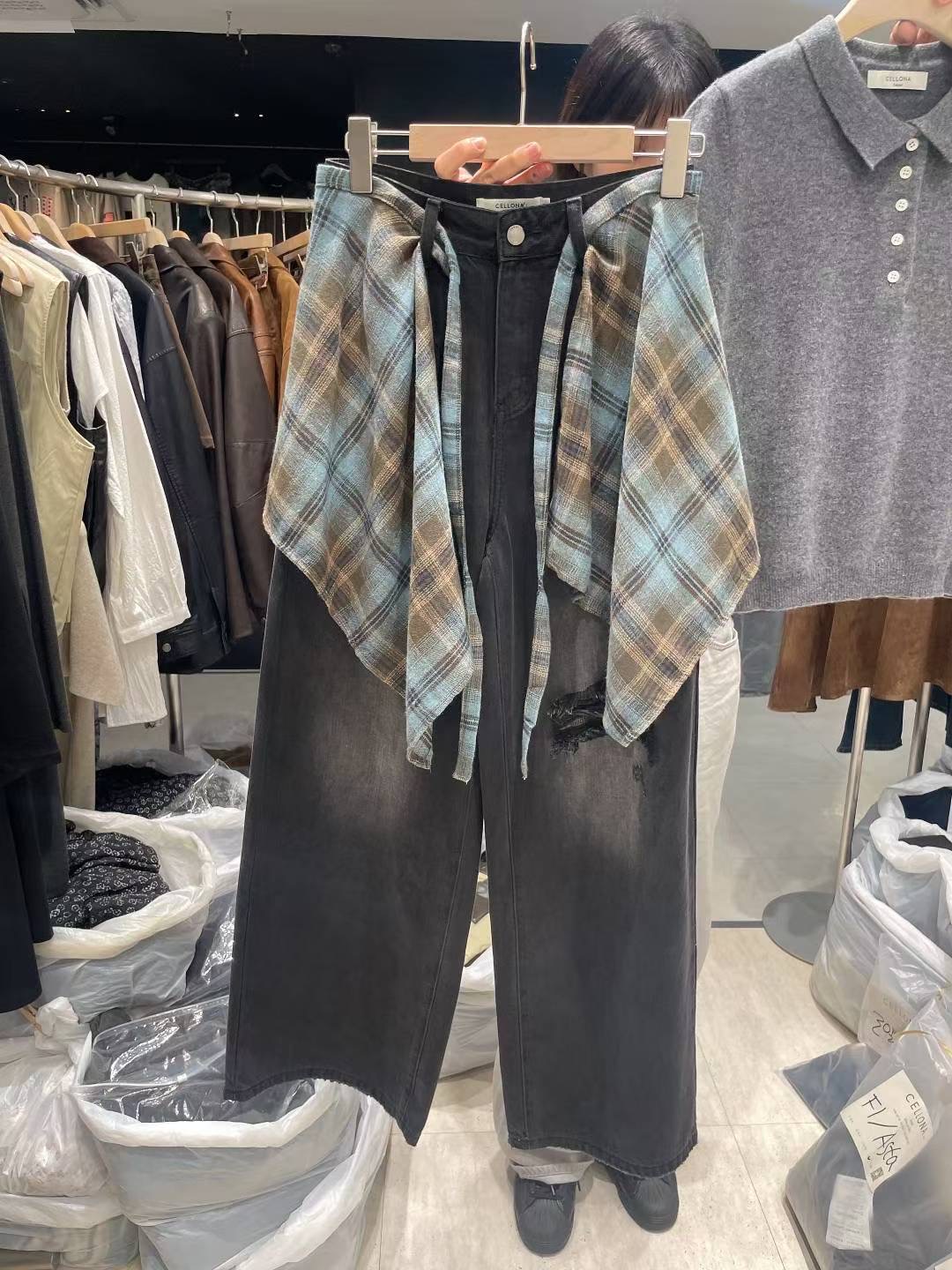 CELLONA東大門㊣實拍女裝新款25秋冬真品熱賣牛仔褲兩件套格紋CELLONA牛仔褲