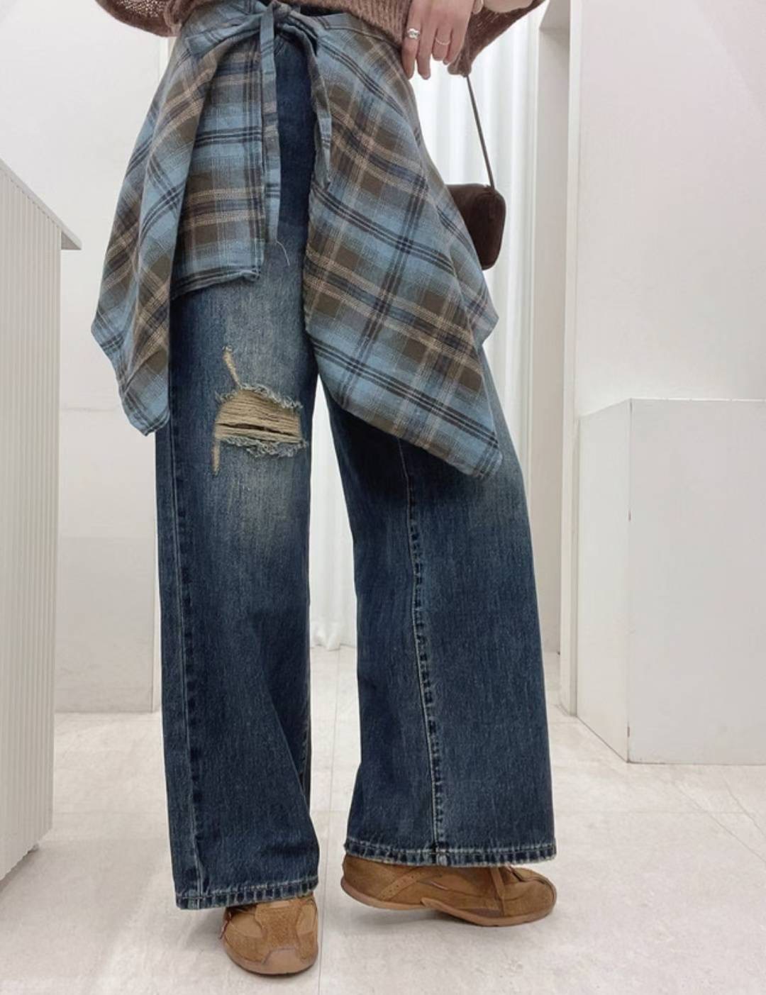 CELLONA東大門㊣實拍女裝新款25秋冬真品熱賣牛仔褲兩件套格紋CELLONA牛仔褲