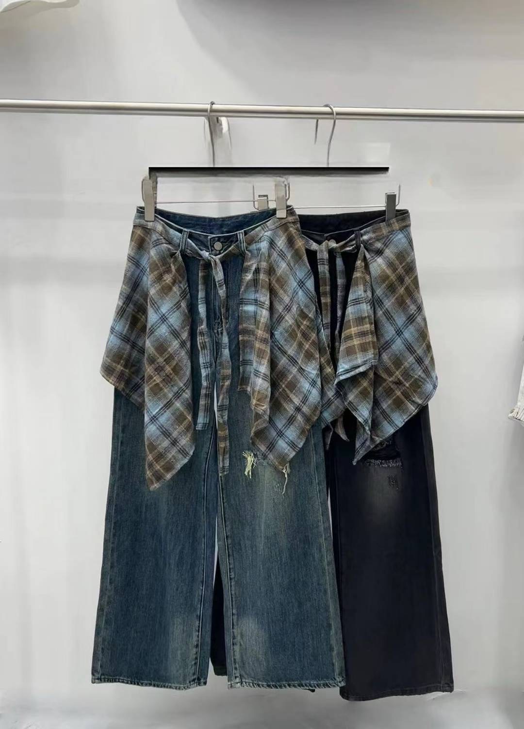 CELLONA東大門㊣實拍女裝新款25秋冬真品熱賣牛仔褲兩件套格紋CELLONA牛仔褲