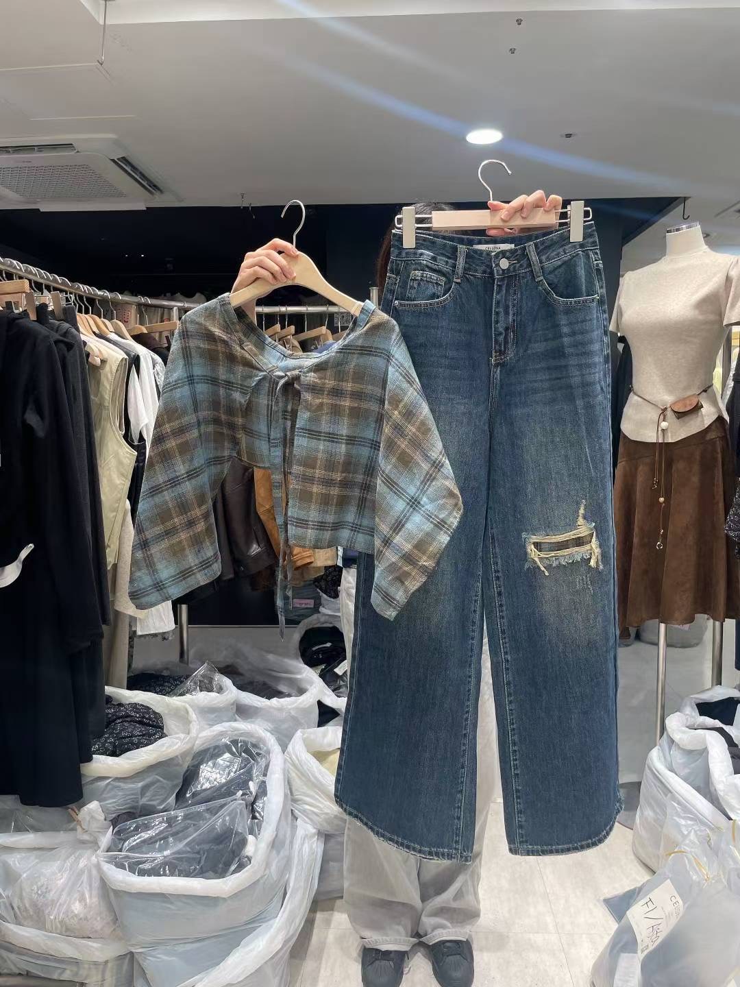 CELLONA東大門㊣實拍女裝新款25秋冬真品熱賣牛仔褲兩件套格紋CELLONA牛仔褲