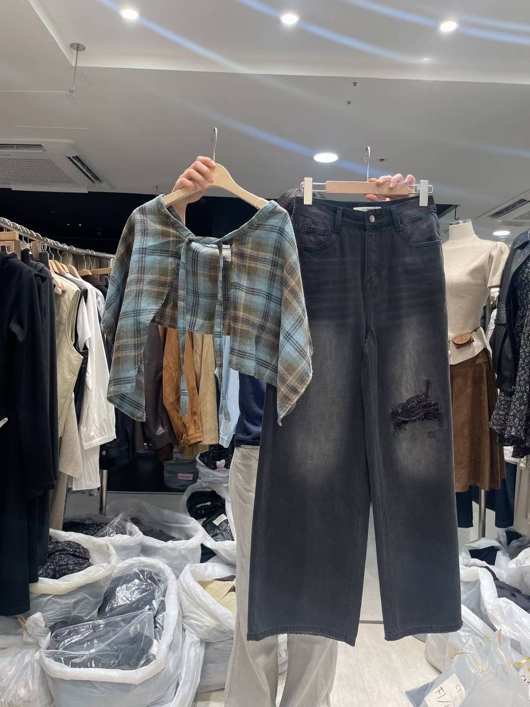 CELLONA東大門㊣實拍女裝新款25秋冬真品熱賣牛仔褲兩件套格紋CELLONA牛仔褲圖色2