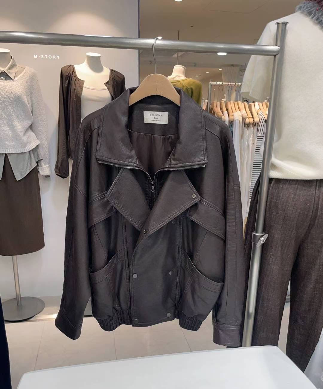 CELLONA東大門㊣代購女士新款人氣25秋冬推薦夾克皮革雙層寬松CELLONA夾克