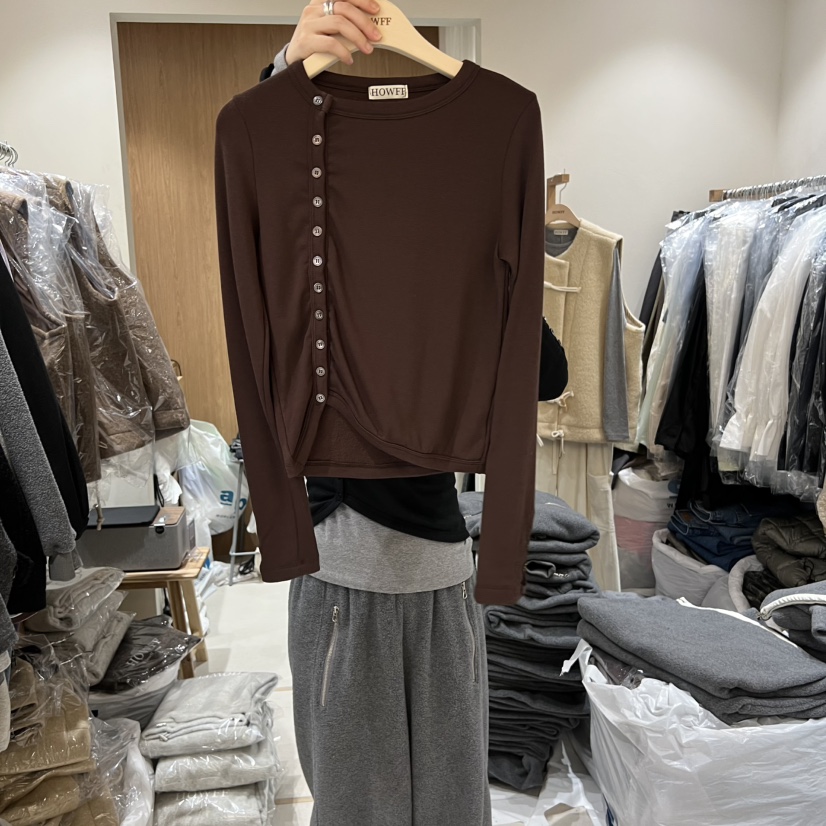 HOWFF韓國代購㊣女士新品25秋冬時尚長袖T恤不含內搭開衫紐扣HOWFF長袖T恤圖色3