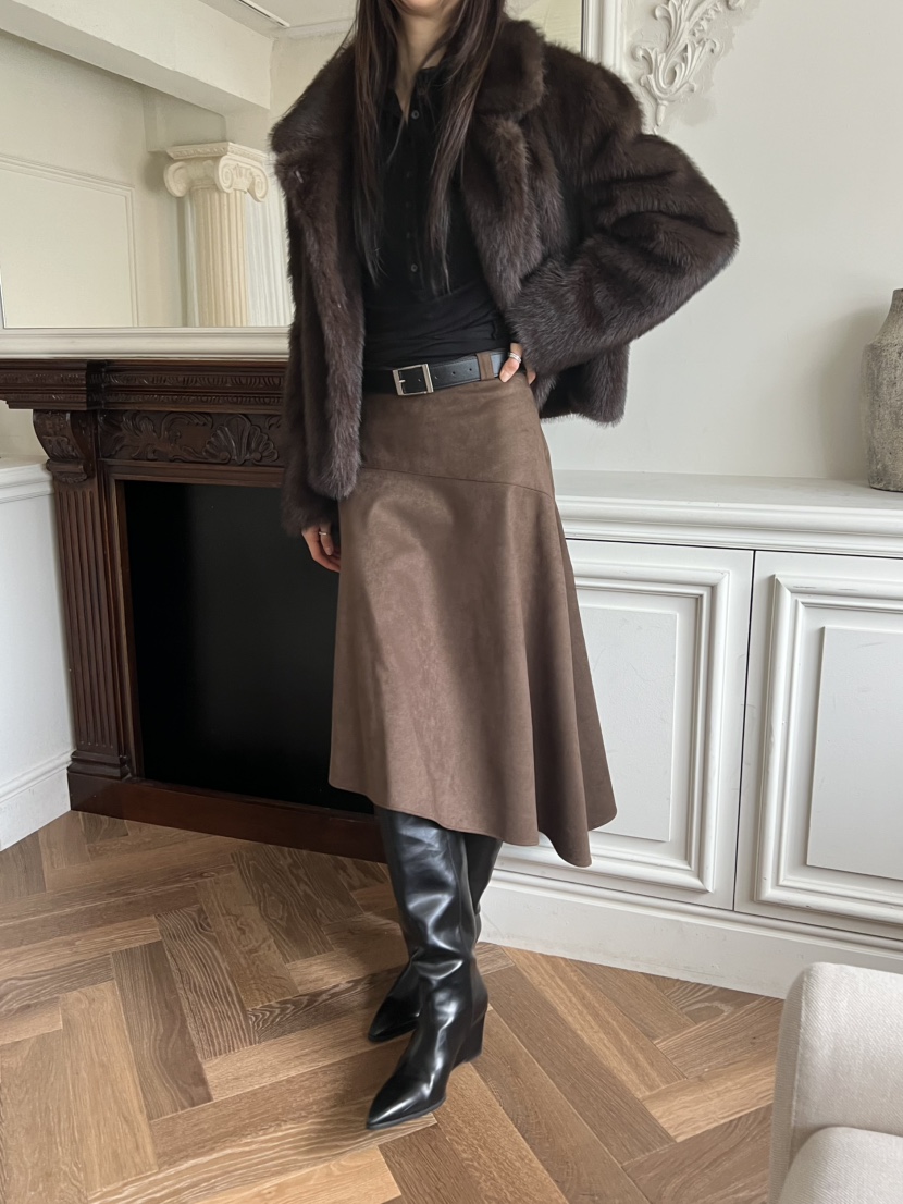 NOVUS韓國代購㊣女士新品時尚推薦半身裙中短裙不含腰帶絨面革NOVUS半身裙/中短裙