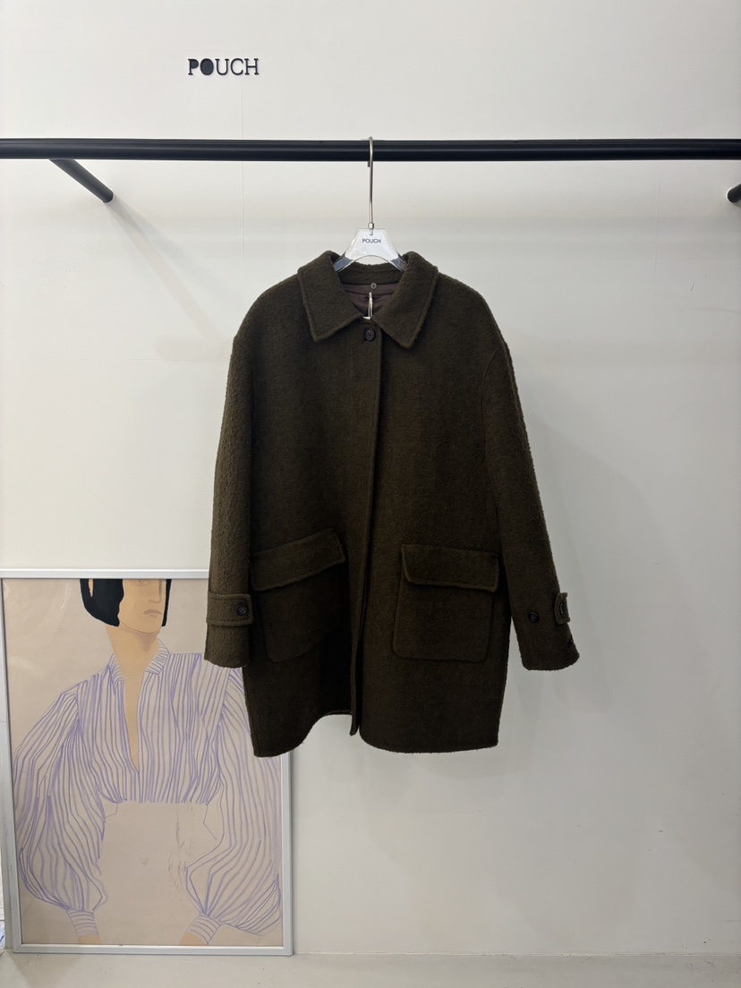 POUCH東大門㊣代購女裝新款人氣熱賣25秋冬中長款大衣可拆卸羊駝POUCH中長款大衣圖色2