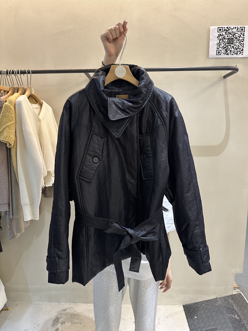 ERIA韓國直郵㊣女裝新款熱賣人氣25秋冬休閑夾克含腰帶填充ERIA/HUE夾克圖色2黑色