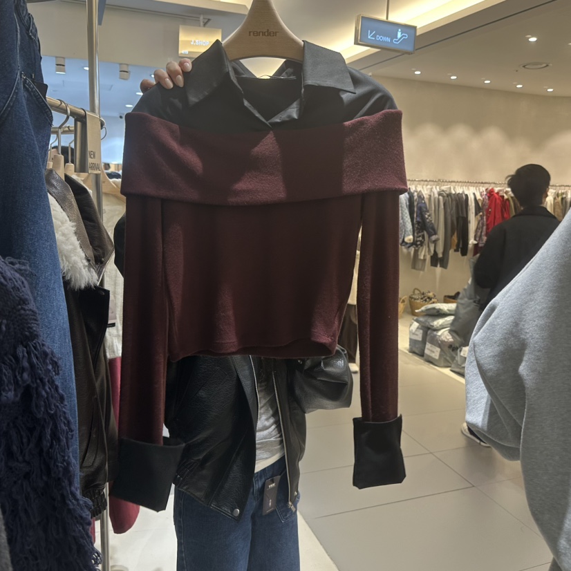 RENDER韓國代購㊣女裝新品25秋冬熱賣時尚真品休閑人氣長袖T恤RENDER長袖T恤圖色2酒紅色