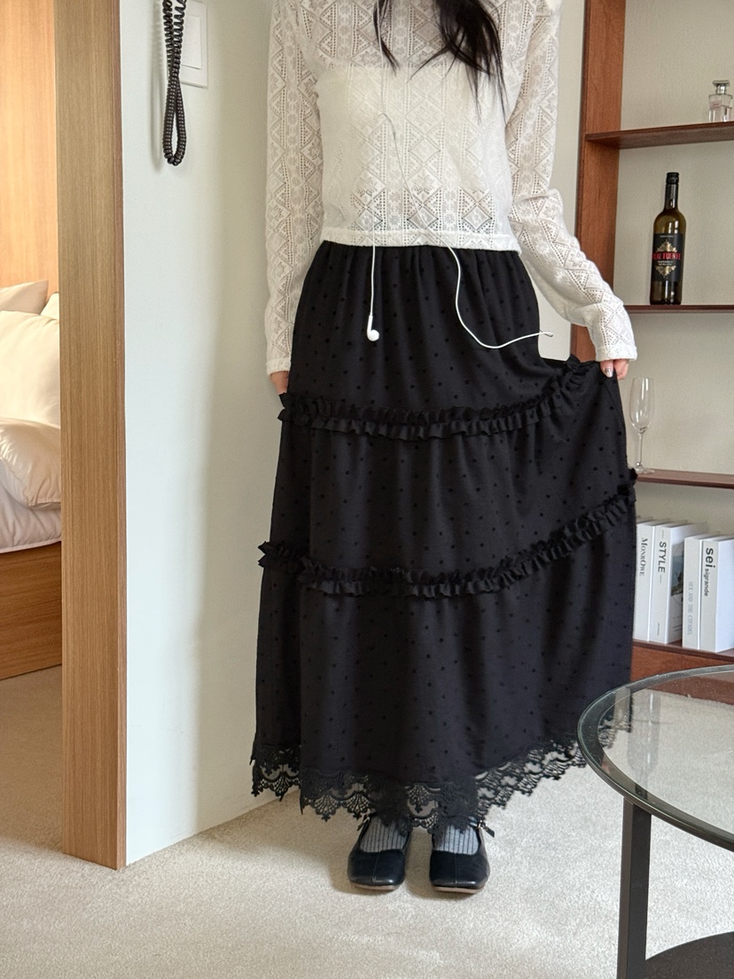 TRIPLE SEVEN東大門㊣實拍女裝新款時尚人氣真品長裙圓點褶邊TRIPLE SEVEN長裙