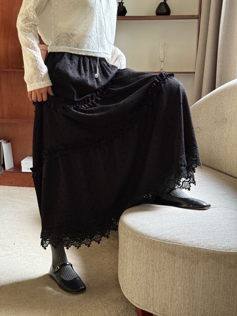 TRIPLE SEVEN東大門㊣實拍女裝新款時尚人氣真品長裙圓點褶邊TRIPLE SEVEN長裙