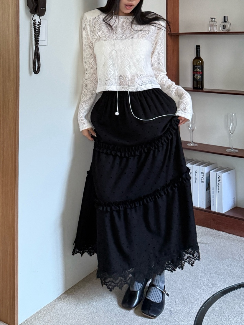 TRIPLE SEVEN東大門㊣實拍女裝新款時尚人氣真品長裙圓點褶邊TRIPLE SEVEN長裙