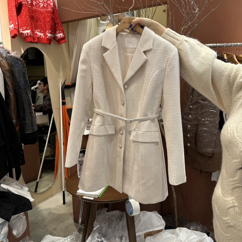 MIENNE韓國代購㊣女士新款休閑真品熱賣25秋冬連衣裙花呢腰帶MIENNE連衣裙