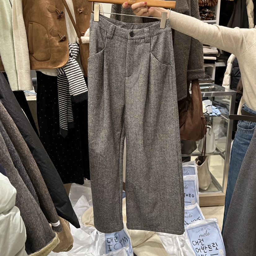 MELO韓國代購㊣女裝新品時尚休閑推薦25秋冬熱賣休閑褲人字紋MELO休閑褲圖色2淺灰色
