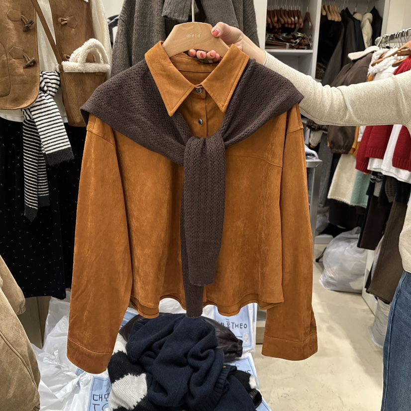 MELO韓國直郵㊣女士新款職業真品人氣襯衫蕾絲衫絨面革披肩MELO襯衫/蕾絲衫