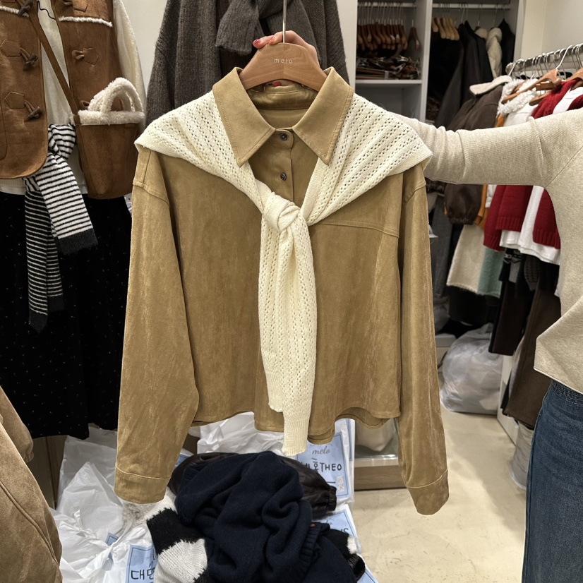 MELO韓國直郵㊣女士新款職業真品人氣襯衫蕾絲衫絨面革披肩MELO襯衫/蕾絲衫圖色2