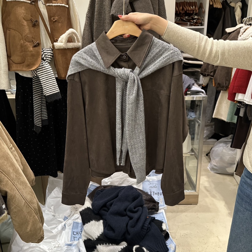 MELO韓國直郵㊣女士新款職業真品人氣襯衫蕾絲衫絨面革披肩MELO襯衫/蕾絲衫圖色4