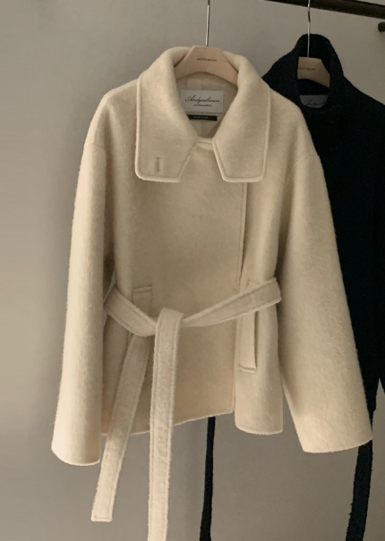 ANDYOUBROWN韓國直郵㊣女士新款休閑短款大衣含腰帶手工高領ANDYOUBROWN短款大衣