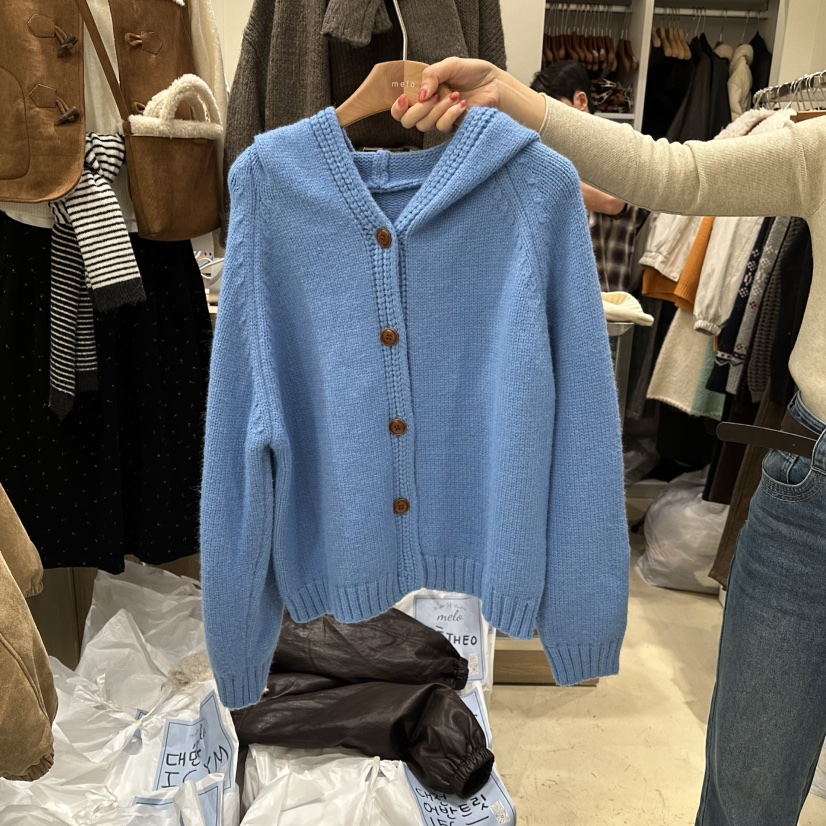 MELO韓國直郵㊣女裝新款人氣時尚休閑針織衫連帽針織衫紐扣MELO針織衫圖色2