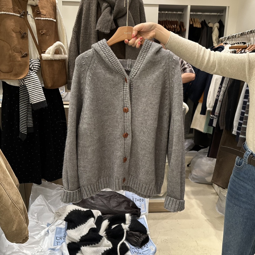 MELO韓國直郵㊣女裝新款人氣時尚休閑針織衫連帽針織衫紐扣MELO針織衫圖色3