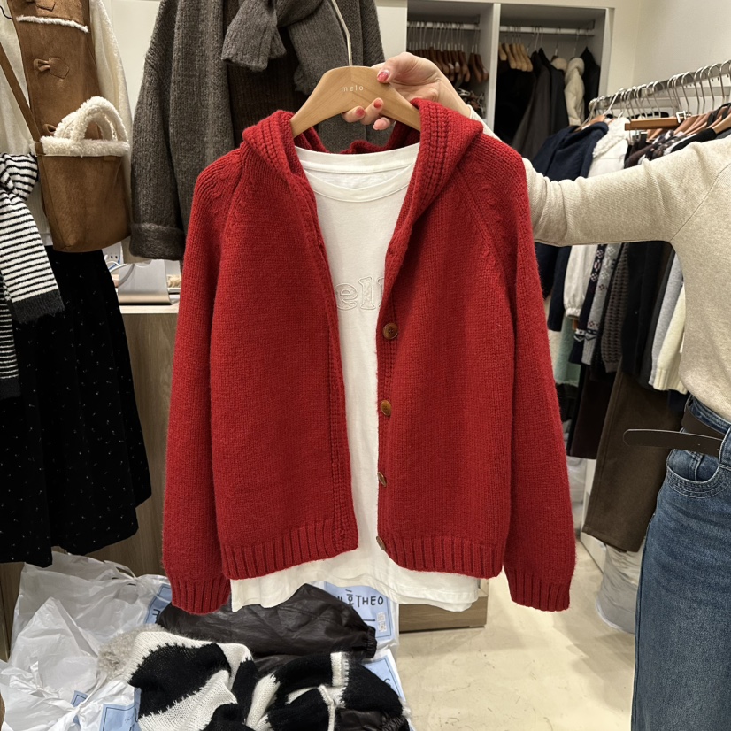 MELO韓國直郵㊣女裝新款人氣時尚休閑針織衫連帽針織衫紐扣MELO針織衫圖色5