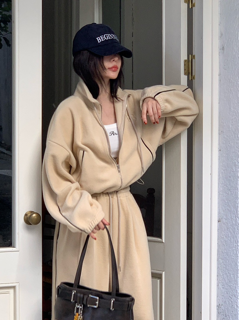 REVE CITE-L韓國代購㊣女裝新款人氣時尚夾克羊毛拉鏈拼色REVE CITE夾克圖色3