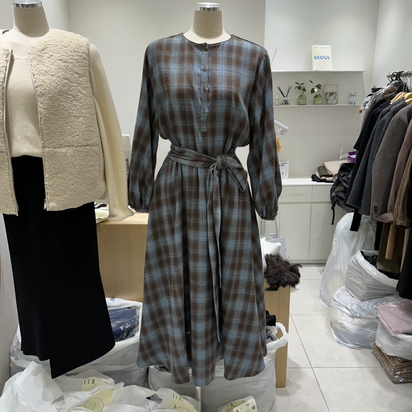 EN.U東大門㊣代購女裝新品職業時尚25秋冬熱賣人氣連衣裙格紋EN.U連衣裙