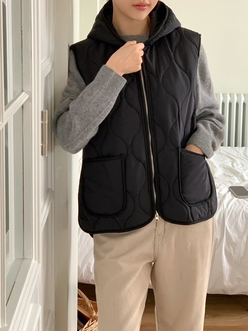 BINUS韓國代購㊣女士新品休閑推薦職業真品熱賣馬甲絎縫連帽BINUS馬甲