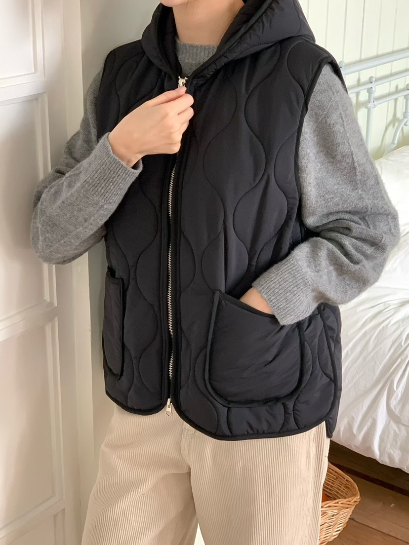 BINUS韓國代購㊣女士新品休閑推薦職業真品熱賣馬甲絎縫連帽BINUS馬甲