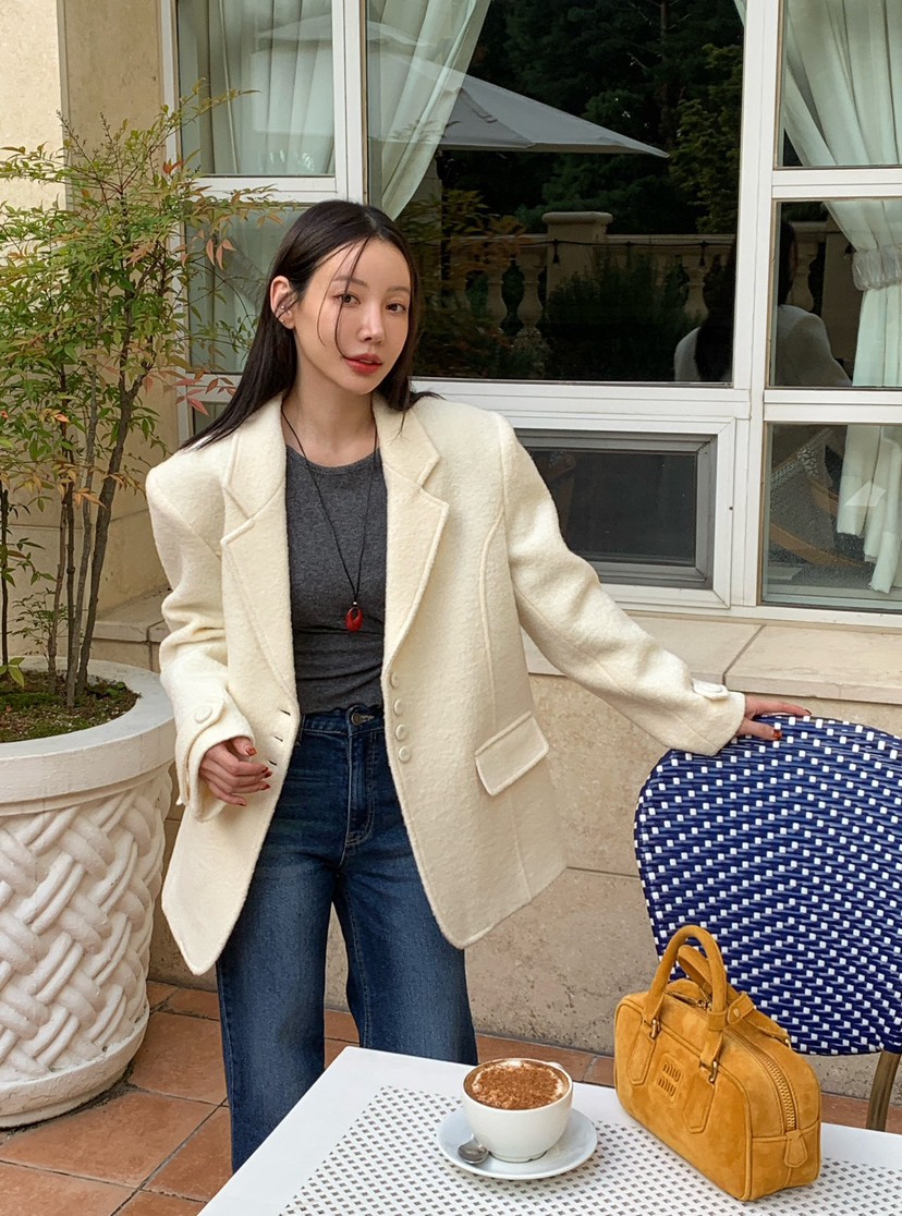 REVE CITE-L東大門㊣代購女裝新品時尚休閑熱賣人氣夾克羊毛REVE CITE夾克圖色2