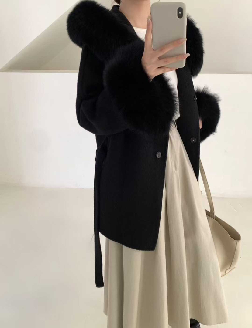 CRONG韓國直郵㊣女裝新款時尚職業中長款大衣含腰帶皮草連帽CRONG中長款大衣