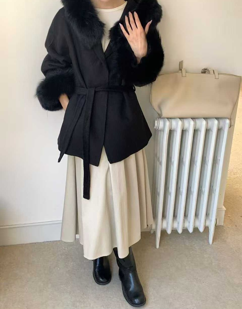 CRONG韓國直郵㊣女裝新款時尚職業中長款大衣含腰帶皮草連帽CRONG中長款大衣