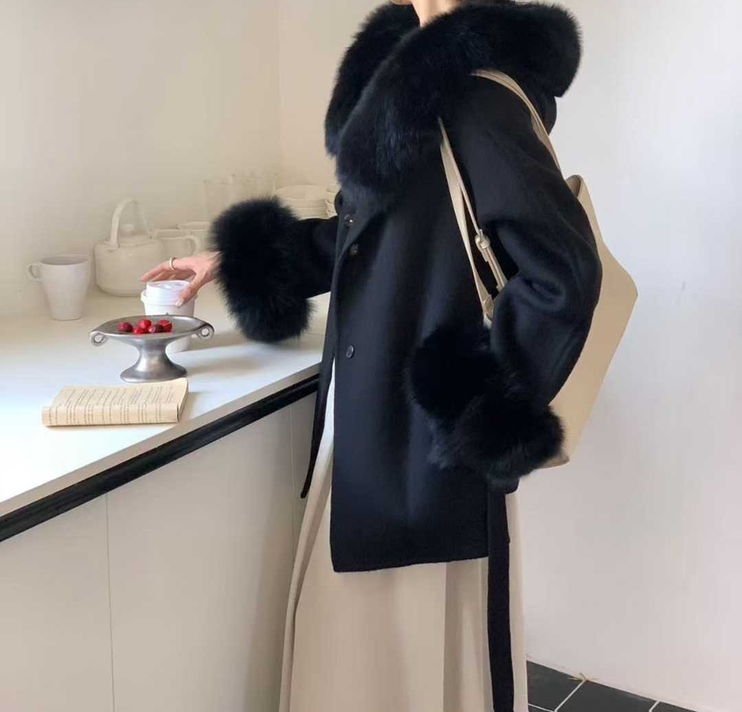 CRONG韓國直郵㊣女裝新款時尚職業中長款大衣含腰帶皮草連帽CRONG中長款大衣