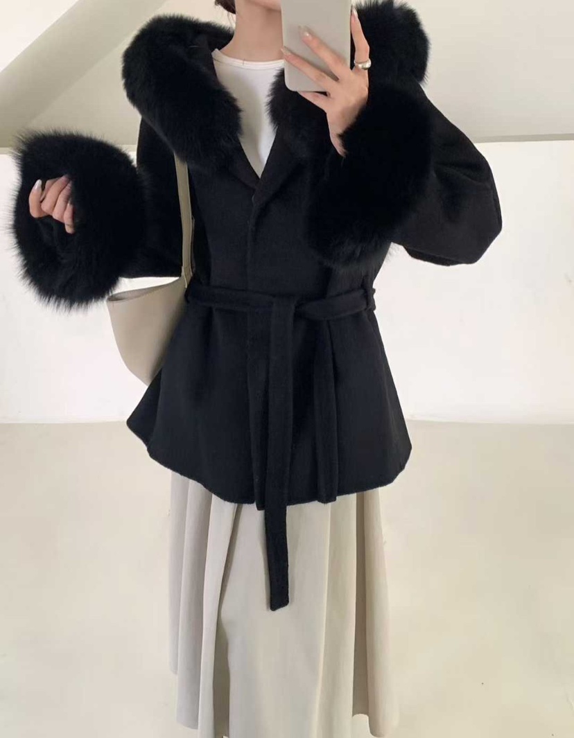 CRONG韓國直郵㊣女裝新款時尚職業中長款大衣含腰帶皮草連帽CRONG中長款大衣圖色2