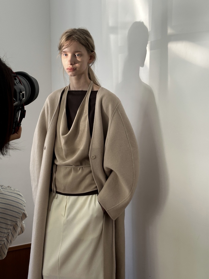 BOWIE韓國代購㊣女士新品職業休閑中長款大衣含腰繩手工羊絨BOWIE中長款大衣