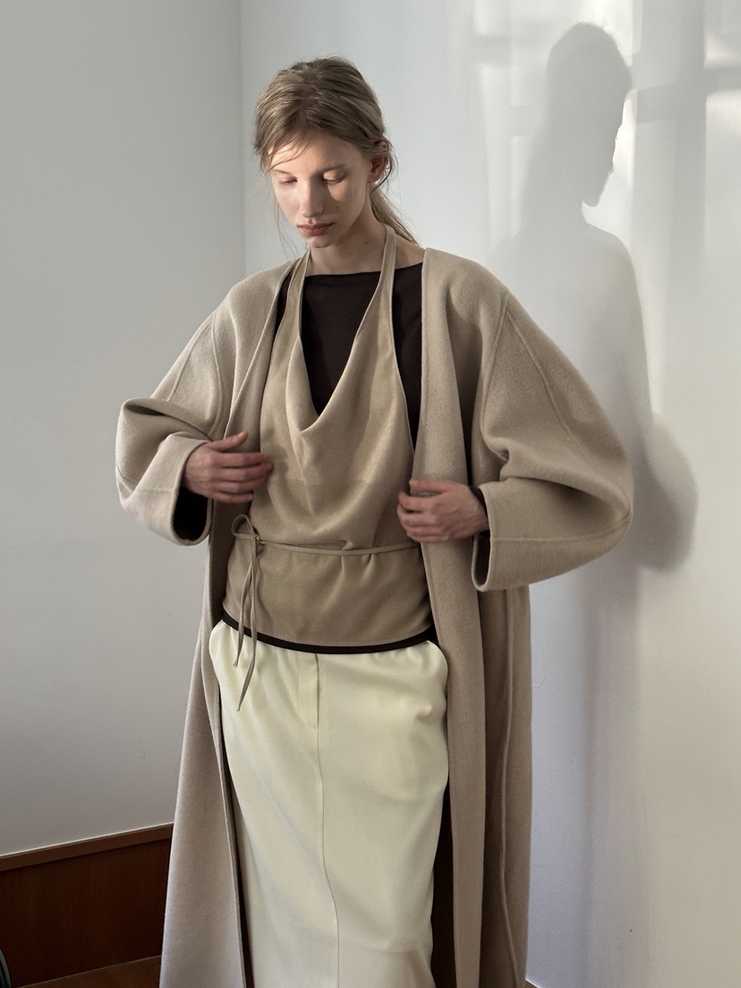 BOWIE韓國代購㊣女士新品職業休閑中長款大衣含腰繩手工羊絨BOWIE中長款大衣