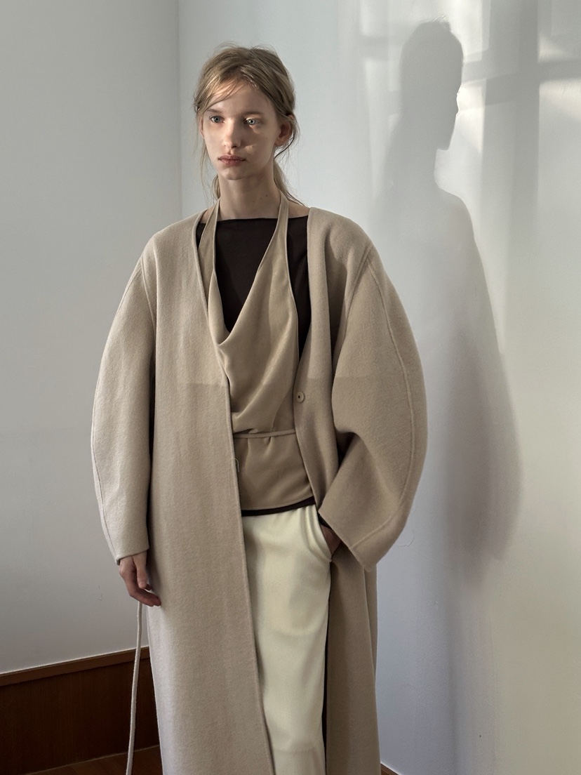 BOWIE韓國代購㊣女士新品職業休閑中長款大衣含腰繩手工羊絨BOWIE中長款大衣