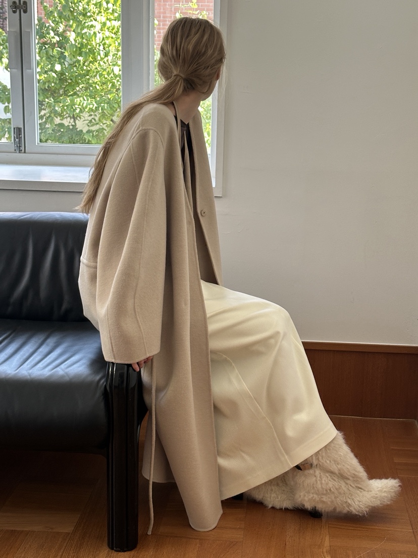 BOWIE韓國代購㊣女士新品職業休閑中長款大衣含腰繩手工羊絨BOWIE中長款大衣